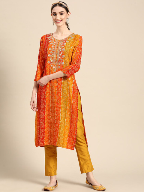 Sangria Women Yellow Bandhani Embroidered Thread Work Kurta