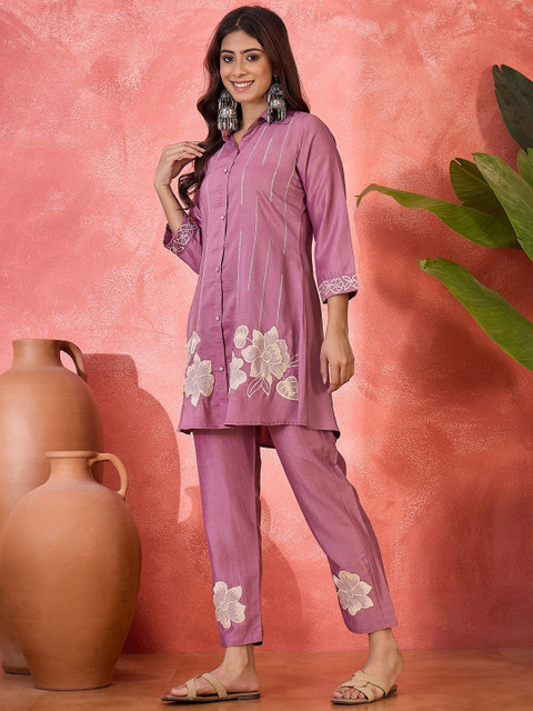 Sangria Embroidered Shirt Collar Tunic With Trouser Co-Ords - Image 4