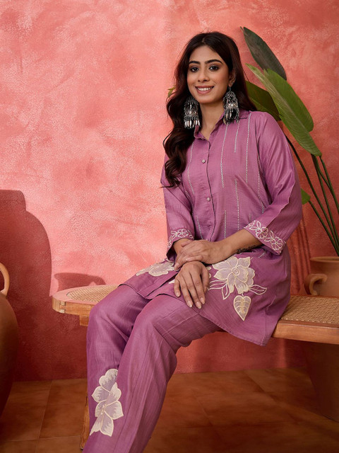 Sangria Embroidered Shirt Collar Tunic With Trouser Co-Ords - Image 5
