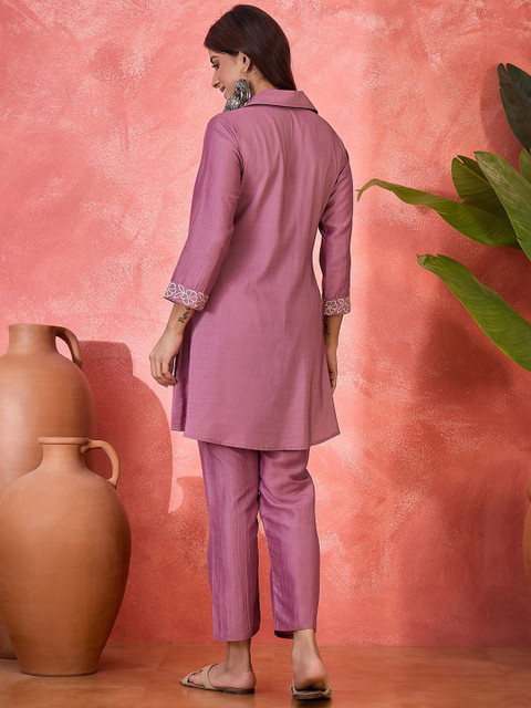 Sangria Embroidered Shirt Collar Tunic With Trouser Co-Ords - Image 3