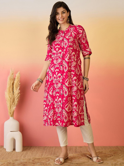 Sangria Red Paisley Printed Mandarin Collar Panelled A-Line Kurta