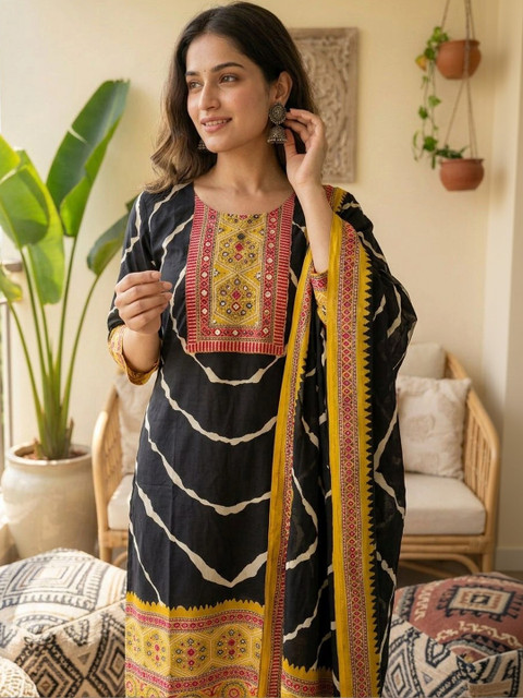 Anouk Women Leheriya Dyed Regular Mirror Work Kurta with Trousers & With Dupatta