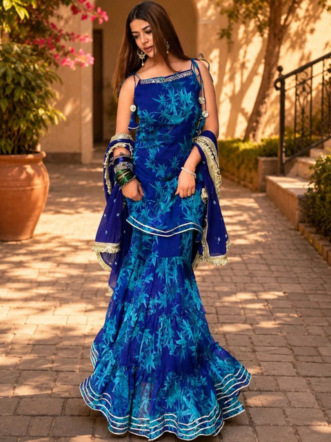 Sangria Women Floral Printed Regular Gotta Patti Kurta with Sharara & With Dupatta - Image 3