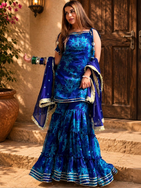 Sangria Women Floral Printed Regular Gotta Patti Kurta with Sharara & With Dupatta - Image 2