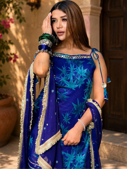 Sangria Women Floral Printed Regular Gotta Patti Kurta with Sharara & With Dupatta - Image 5