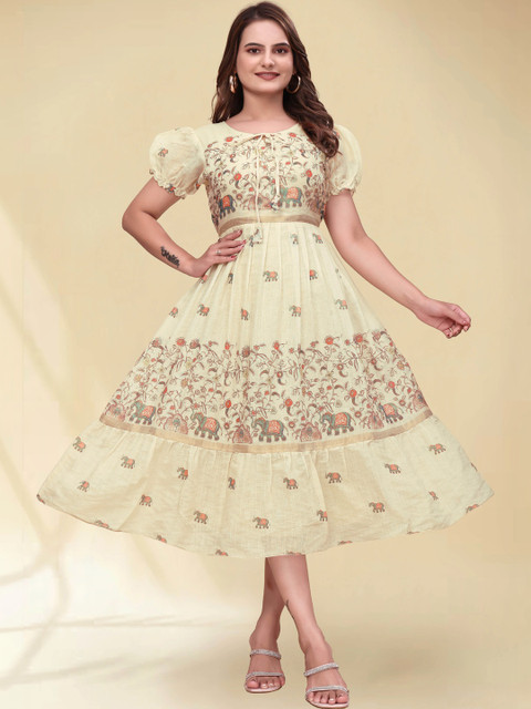 QENA Ethnic Motifs Print Puff Sleeve Linen Blend A-Line Midi Dress