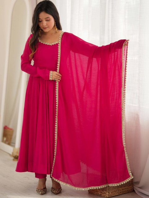 KEKIMI Women Empire Gotta Patti Chanderi Silk Kurta with Trousers & With Dupatta - Image 2