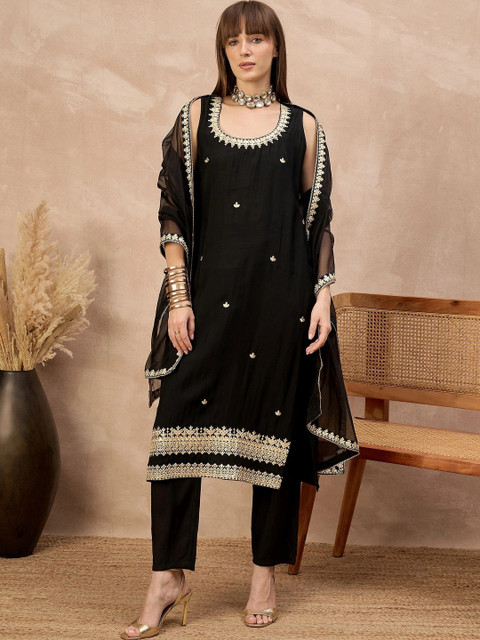 all about you Women Ethnic Motifs Embroidered Regular Kurta with Trousers & With Dupatta