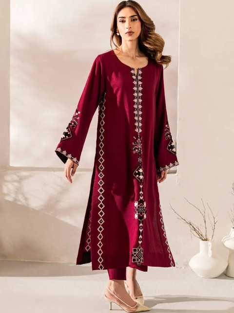 Tankori Women Ethnic Motifs Embroidered Regular Thread Work Chanderi Silk Kurta with Trousers & With Dupatta - Image 6