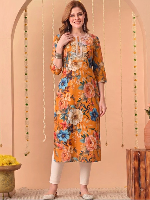 Dinaya Women Floral Printed Thread Work Floral Kurta - Image 3