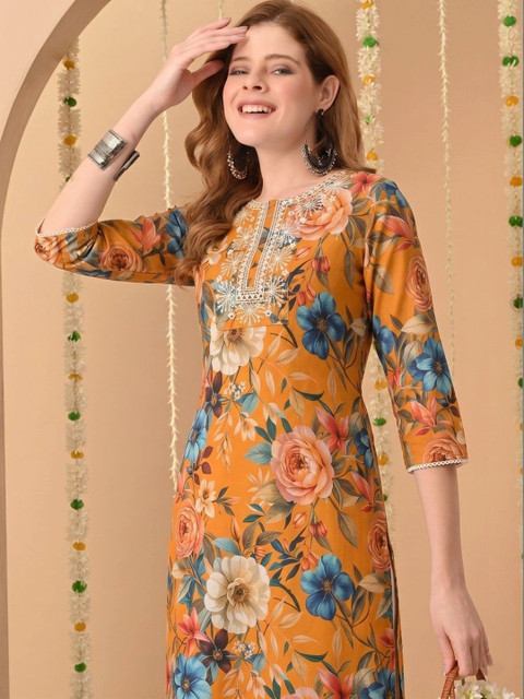 Dinaya Women Floral Printed Thread Work Floral Kurta - Image 2