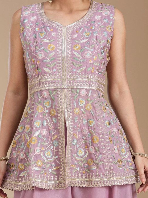 Sangria Women Floral Embroidered Empire Thread Work Kurti with Sharara & With Dupatta - Image 5