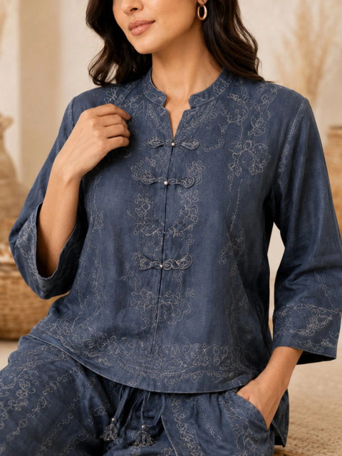 IKSHARA Cotton Embroidered Top with Palazzos - Image 4
