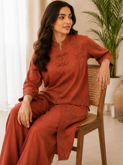 IKSHARA Cotton Embroidered Tunic with Palazzos - Image 3
