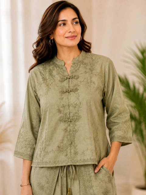 IKSHARA Cotton Embroidered Top with Palazzos - Image 3