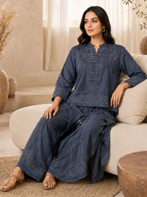 IKSHARA Cotton Embroidered Top with Palazzos - Image 3
