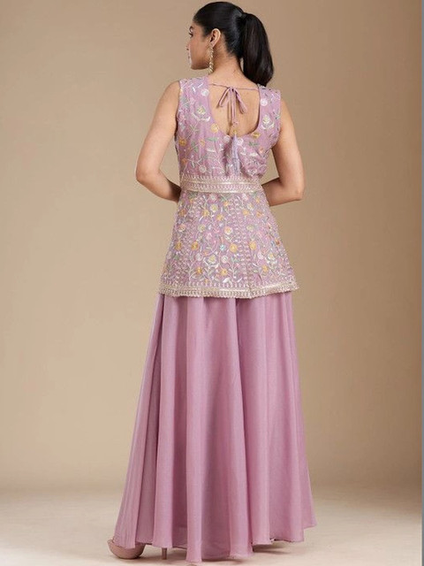 Sangria Women Floral Embroidered Empire Thread Work Kurti with Sharara & With Dupatta - Image 3
