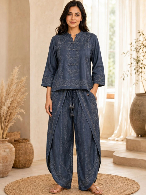 IKSHARA Cotton Embroidered Top with Palazzos