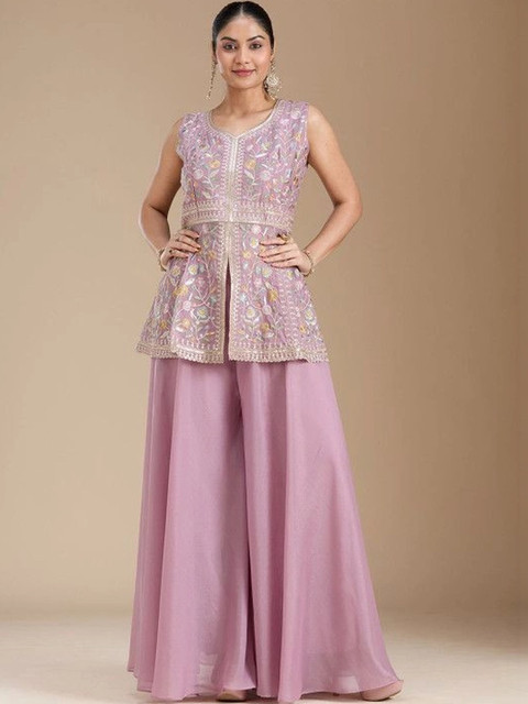 Sangria Women Floral Embroidered Empire Thread Work Kurti with Sharara & With Dupatta - Image 4
