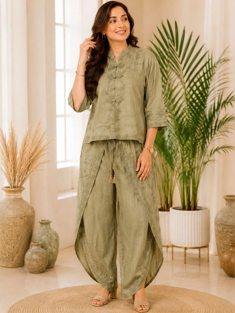 IKSHARA Cotton Embroidered Top with Palazzos - Image 4