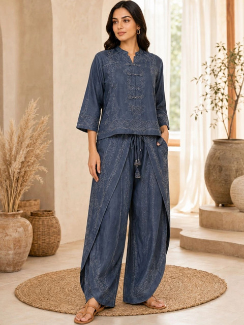 IKSHARA Cotton Embroidered Top with Palazzos - Image 2