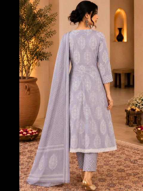 SINGNI Women Ethnic Motifs Printed Regular Thread Work Pure Cotton Kurta with Trousers & With Dupatta - Image 4