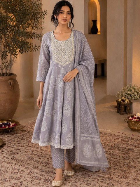 SINGNI Women Ethnic Motifs Printed Regular Thread Work Pure Cotton Kurta with Trousers & With Dupatta