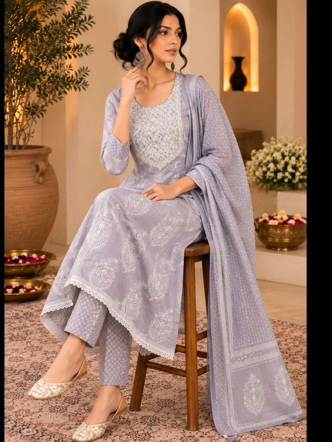 SINGNI Women Ethnic Motifs Printed Regular Thread Work Pure Cotton Kurta with Trousers & With Dupatta - Image 5