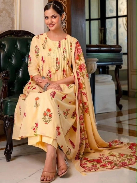 SHRI MAYA BOUTIQUE Women Floral Printed Empire Thread Work Pure Cotton Kurta with Trousers & With Dupatta - Image 4