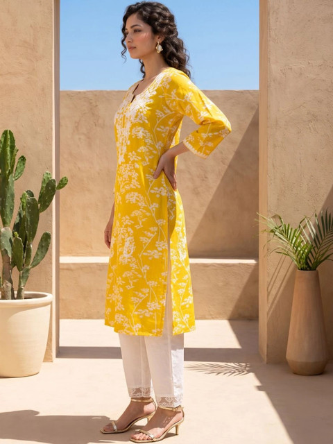KALINI Women Floral Printed Regular Thread Work Pure Cotton Kurta with Trousers - Image 3
