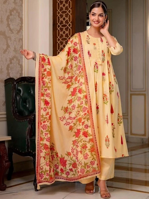 SHRI MAYA BOUTIQUE Women Floral Printed Empire Thread Work Pure Cotton Kurta with Trousers & With Dupatta - Image 6