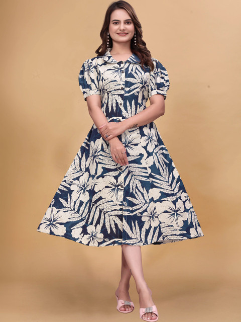 QENA Floral Print Puff Sleeve A-Line Dress