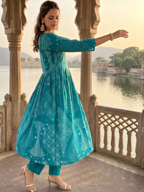 HERE&NOW Ethnic Motifs Printed Empire Pure Cotton A-Line Kurta with Trousers & Dupatta - Image 5