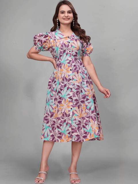 QENA Floral Print Puff Sleeve A-Line Midi Dress