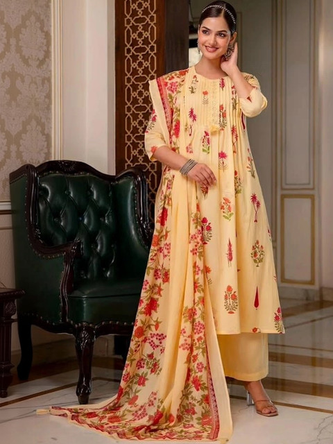 SHRI MAYA BOUTIQUE Women Floral Printed Empire Thread Work Pure Cotton Kurta with Trousers & With Dupatta