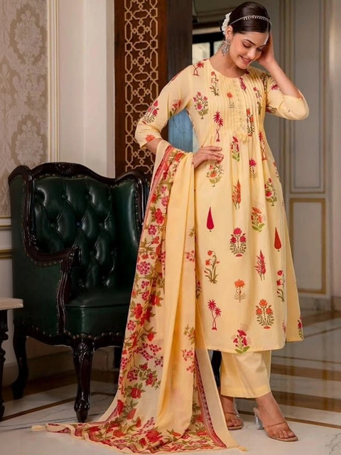 SHRI MAYA BOUTIQUE Women Floral Printed Empire Thread Work Pure Cotton Kurta with Trousers & With Dupatta - Image 3