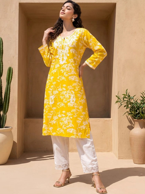 KALINI Women Floral Printed Regular Thread Work Pure Cotton Kurta with Trousers - Image 6