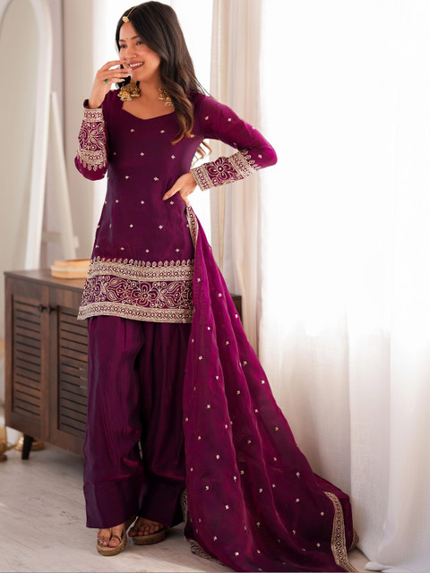 HERE&NOW Women Ethnic Motifs Embroidered Regular Thread Work Kurta with Patiala & With Dupatta