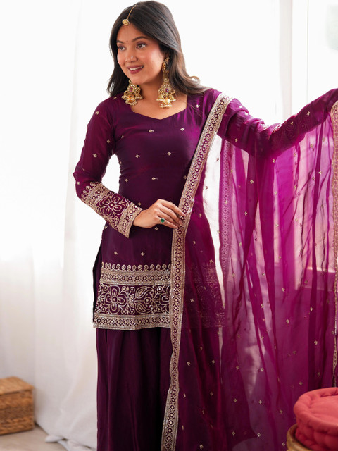 HERE&NOW Women Ethnic Motifs Embroidered Regular Thread Work Kurta with Patiala & With Dupatta - Image 5
