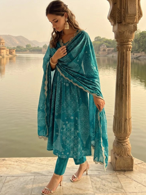 HERE&NOW Ethnic Motifs Printed Empire Pure Cotton A-Line Kurta with Trousers & Dupatta - Image 2