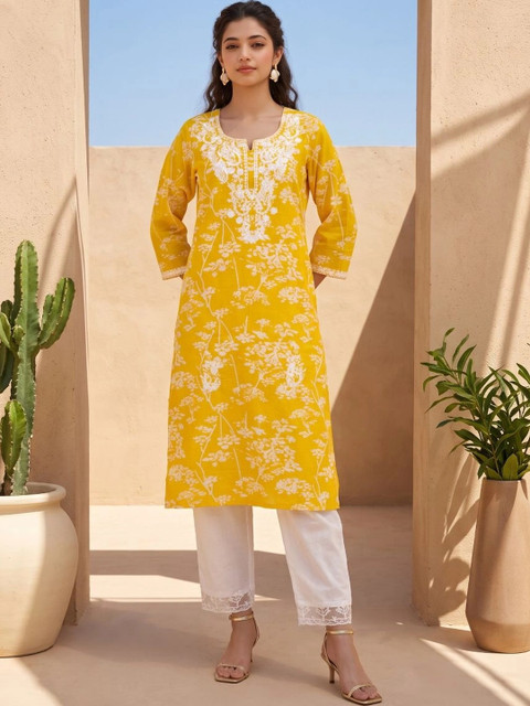 KALINI Women Floral Printed Regular Thread Work Pure Cotton Kurta with Trousers - Image 5