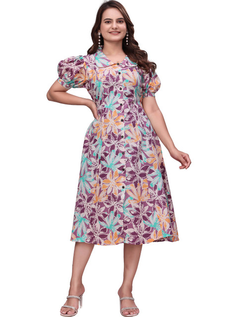 QENA Floral Print Puff Sleeve A-Line Midi Dress