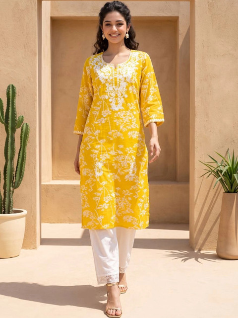 KALINI Women Floral Printed Regular Thread Work Pure Cotton Kurta with Trousers