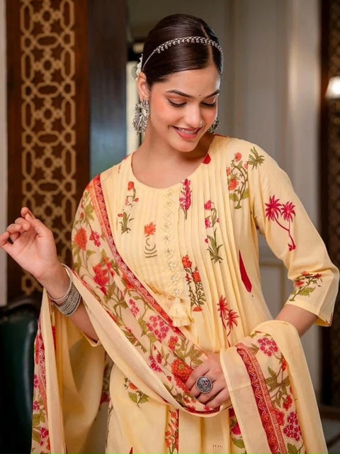 SHRI MAYA BOUTIQUE Women Floral Printed Empire Thread Work Pure Cotton Kurta with Trousers & With Dupatta - Image 2