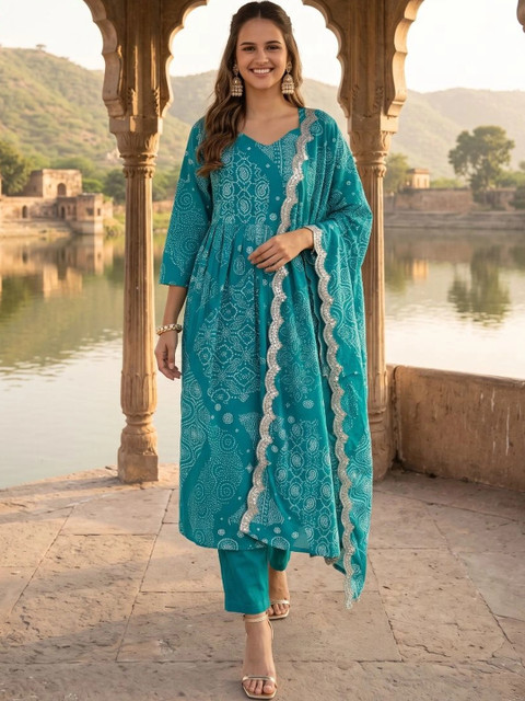 HERE&NOW Ethnic Motifs Printed Empire Pure Cotton A-Line Kurta with Trousers & Dupatta
