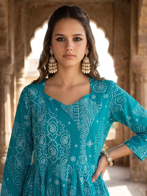 HERE&NOW Ethnic Motifs Printed Empire Pure Cotton A-Line Kurta with Trousers & Dupatta - Image 6