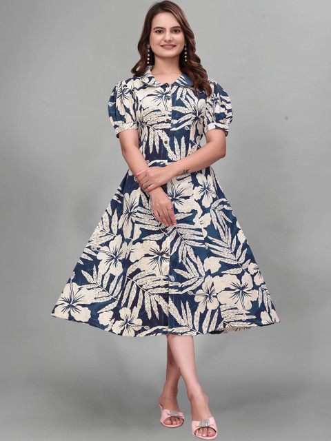 QENA Floral Print Puff Sleeve A-Line Dress