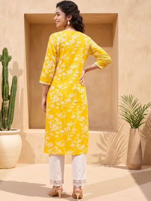 KALINI Women Floral Printed Regular Thread Work Pure Cotton Kurta with Trousers - Image 2
