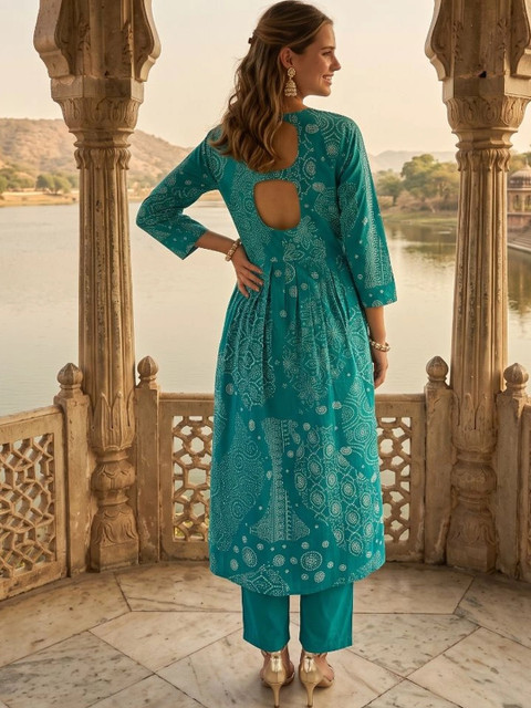 HERE&NOW Ethnic Motifs Printed Empire Pure Cotton A-Line Kurta with Trousers & Dupatta - Image 3