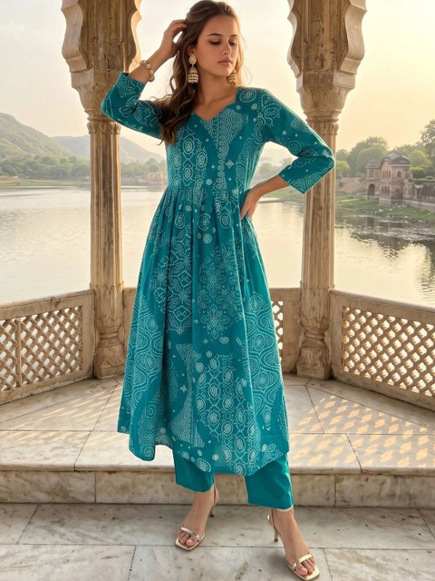 HERE&NOW Ethnic Motifs Printed Empire Pure Cotton A-Line Kurta with Trousers & Dupatta - Image 4